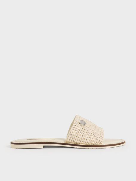 Raffia Woven Slide Sandals, Chalk, hi-res