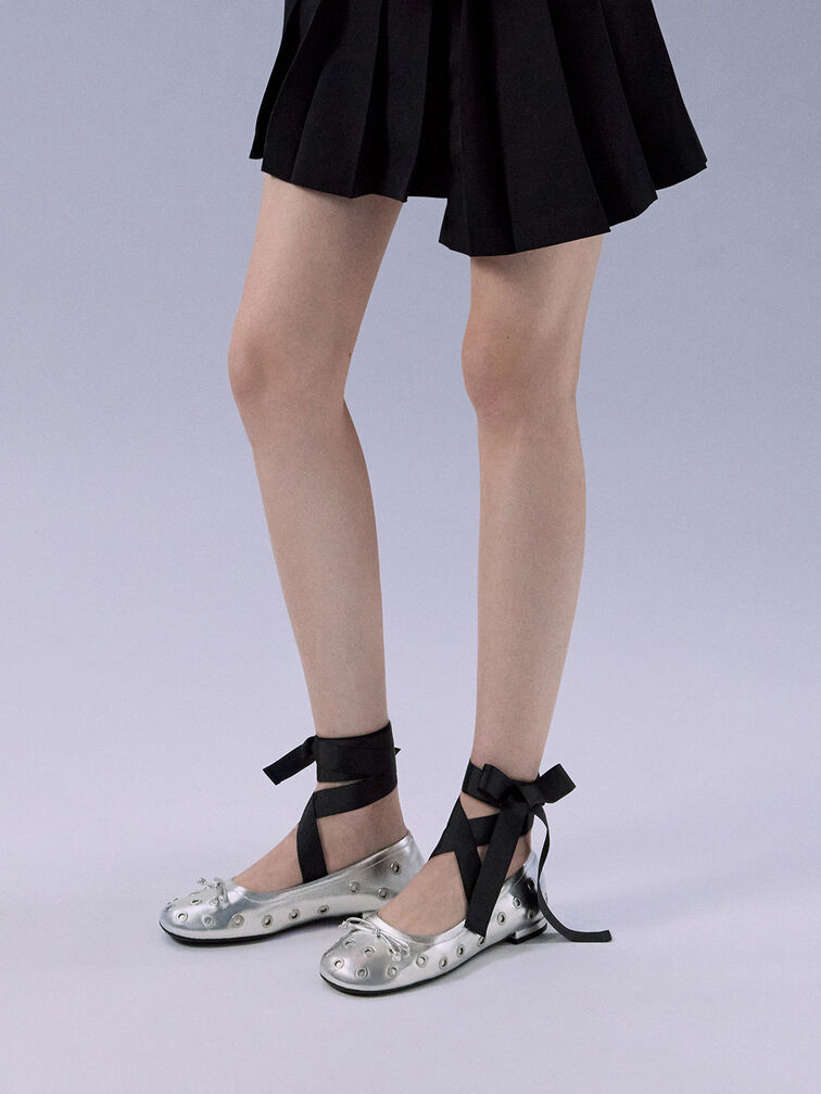 Margot Metallic Grommet Tie-Around Ballet Flats, Silver, hi-res