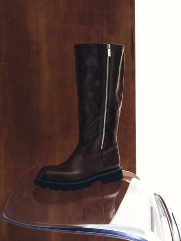 Rosamond Side-Zip Ridged-Sole Knee-High Boots, Dark Brown Textured, hi-res
