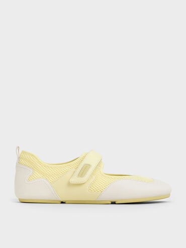 Mesh Contrast-Panel Mary Jane Sneakers, Yellow, hi-res