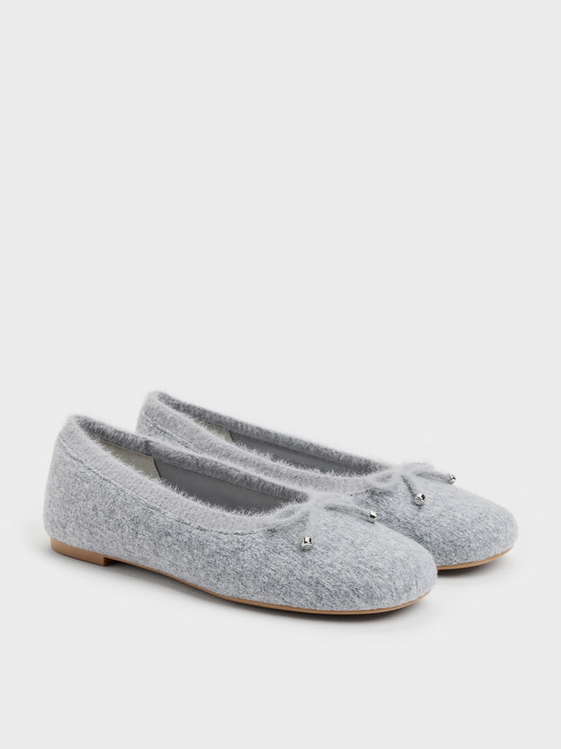 Knitted Bow Ballet Flats, Light Grey, hi-res