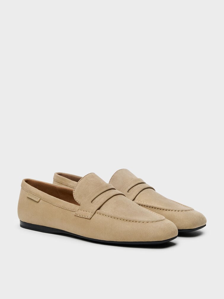 Faux Suede Penny Loafers, Beige, hi-res