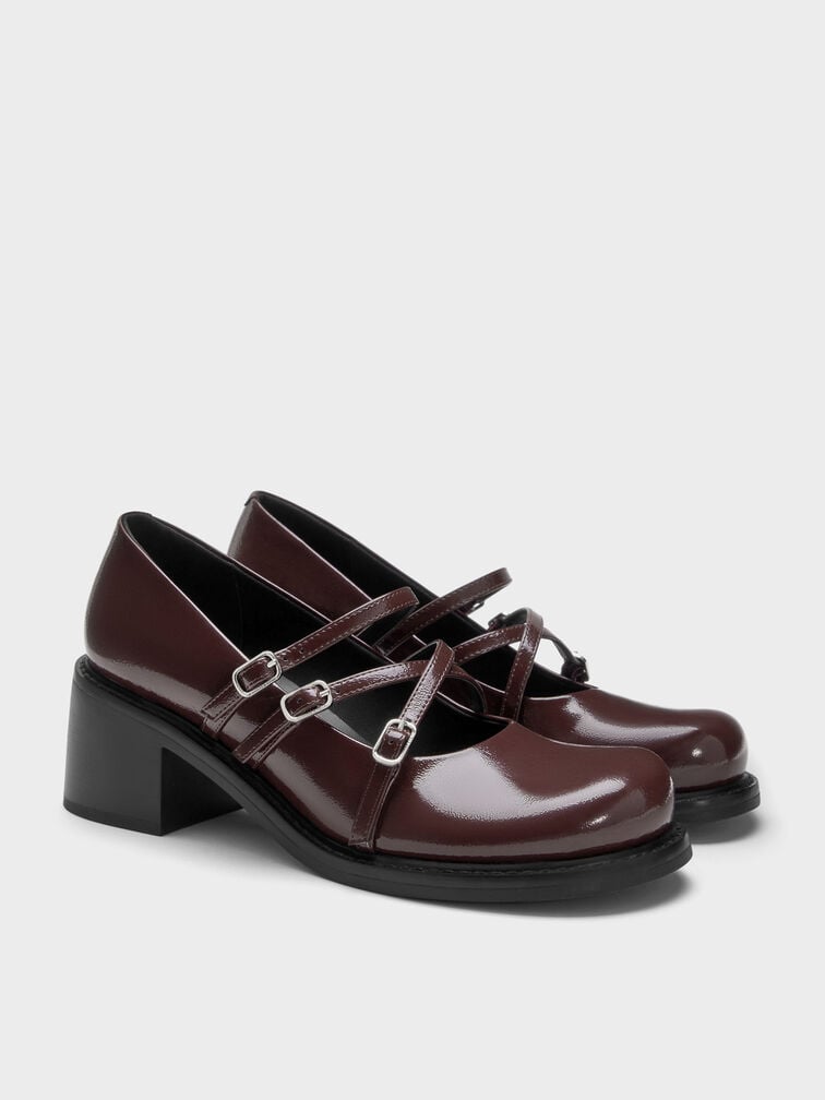 Patent Triple-Strap Crossover Block-Heel Mary Janes, Burgundy, hi-res