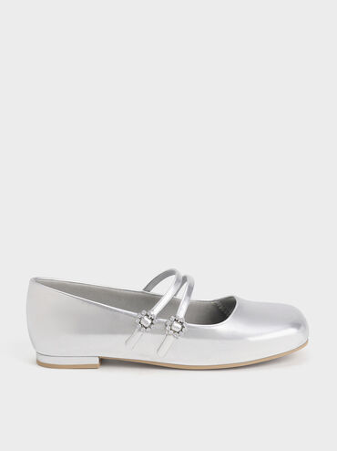 Girls' Gem-Embellished Metallic Mary Janes, Silver, hi-res