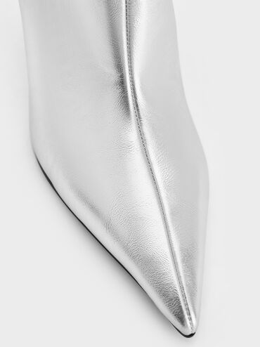 Metallic Pointed-Toe Stiletto-Heel Knee-High Boots, Silver, hi-res