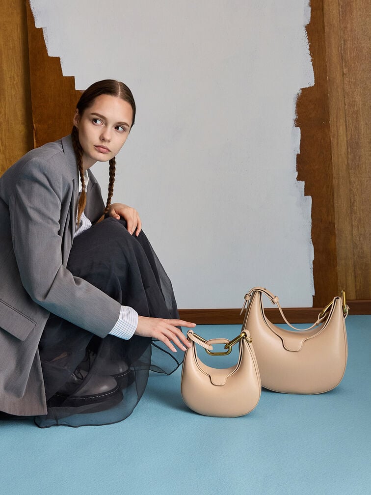 Kora Metallic-Accent Moon Bag, Beige, hi-res