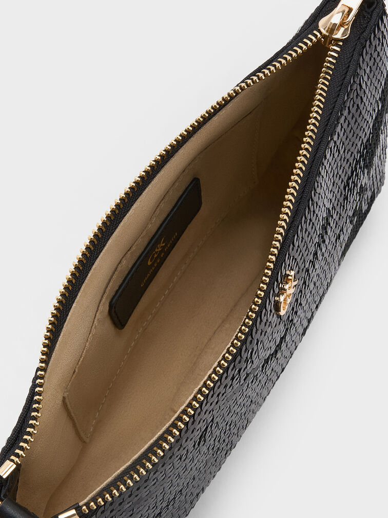 Sequin Mesh & Leather Shoulder Bag, Black, hi-res