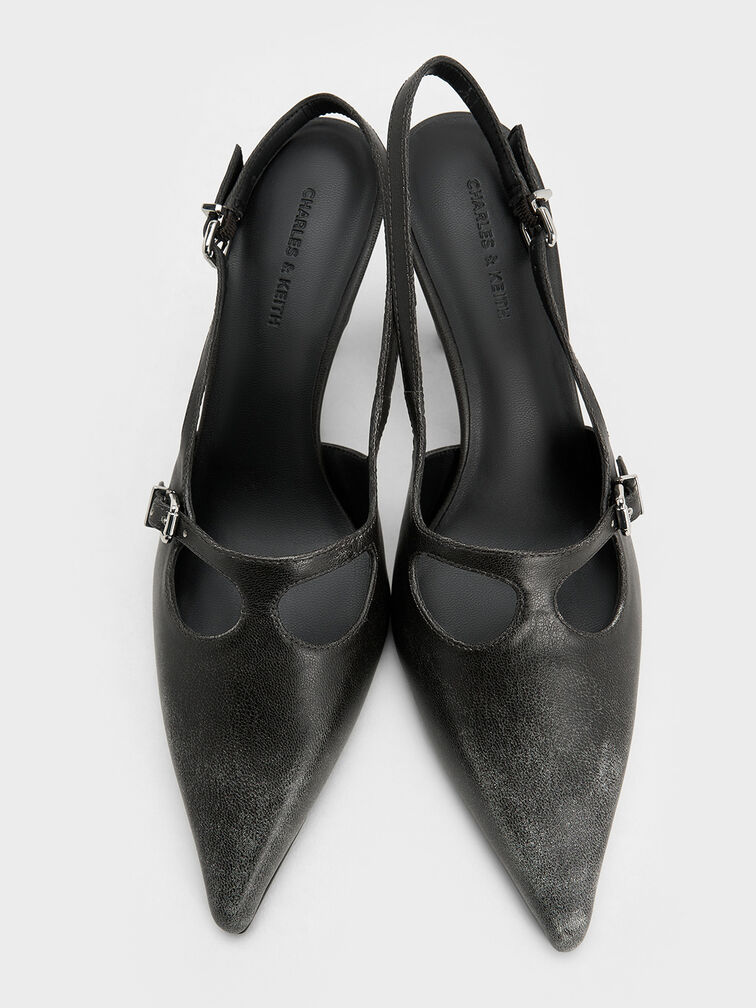 T-Bar Pointed-Toe Slingback Pumps, Black, hi-res