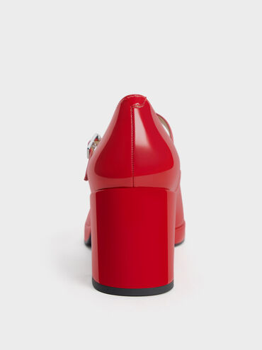 Crystal-Buckle T-Bar Mary Jane Pumps, Red, hi-res