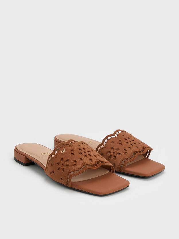 Leather Embroidered Slide Sandals, Cognac, hi-res