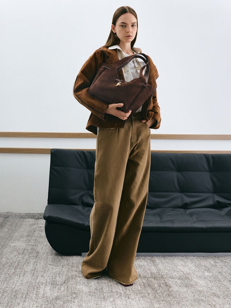 Mila Recycled Suede Metallic-Knot Drawstring Tote Bag, Espresso Brown, hi-res