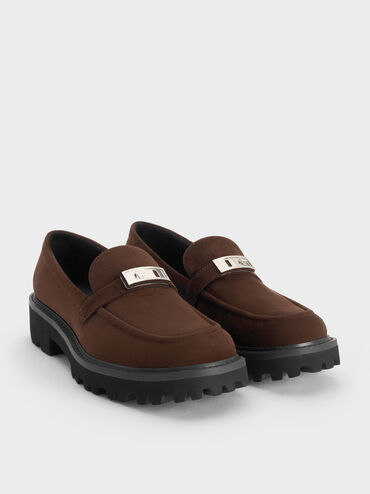Lando Faux Suede Metallic-Accent Platform Loafers, Dark Brown Textured, hi-res