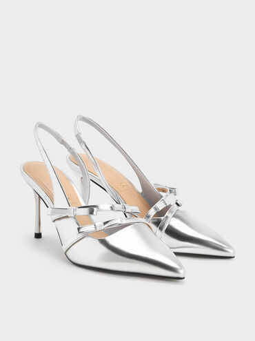 Jessy Metallic Leather Bow Slingback Pumps, Silver, hi-res