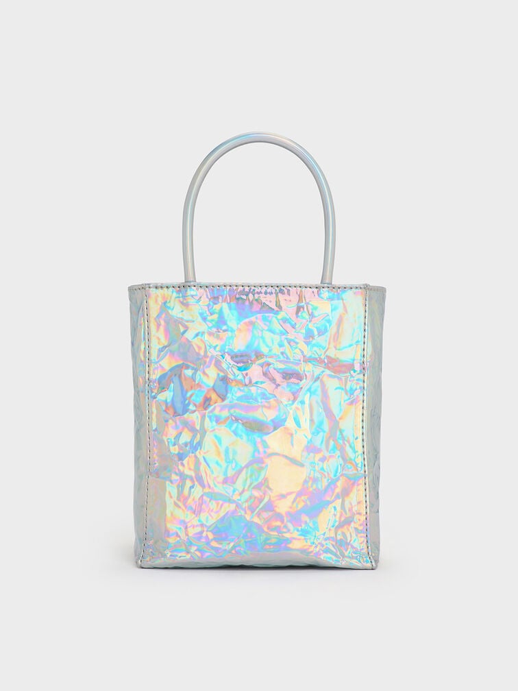 Matina Holographic Crinkle-Effect Elongated Tote Bag, Prism Silver, hi-res