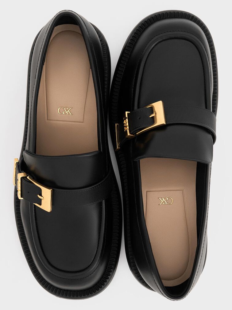 Leather Buckled-Strap Loafers, Black, hi-res