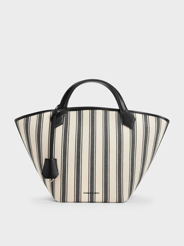 Large Ivanna Canvas Striped Tote Bag, Noir, hi-res