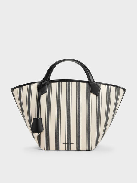Large Ivanna Canvas Striped Tote Bag, Noir, hi-res