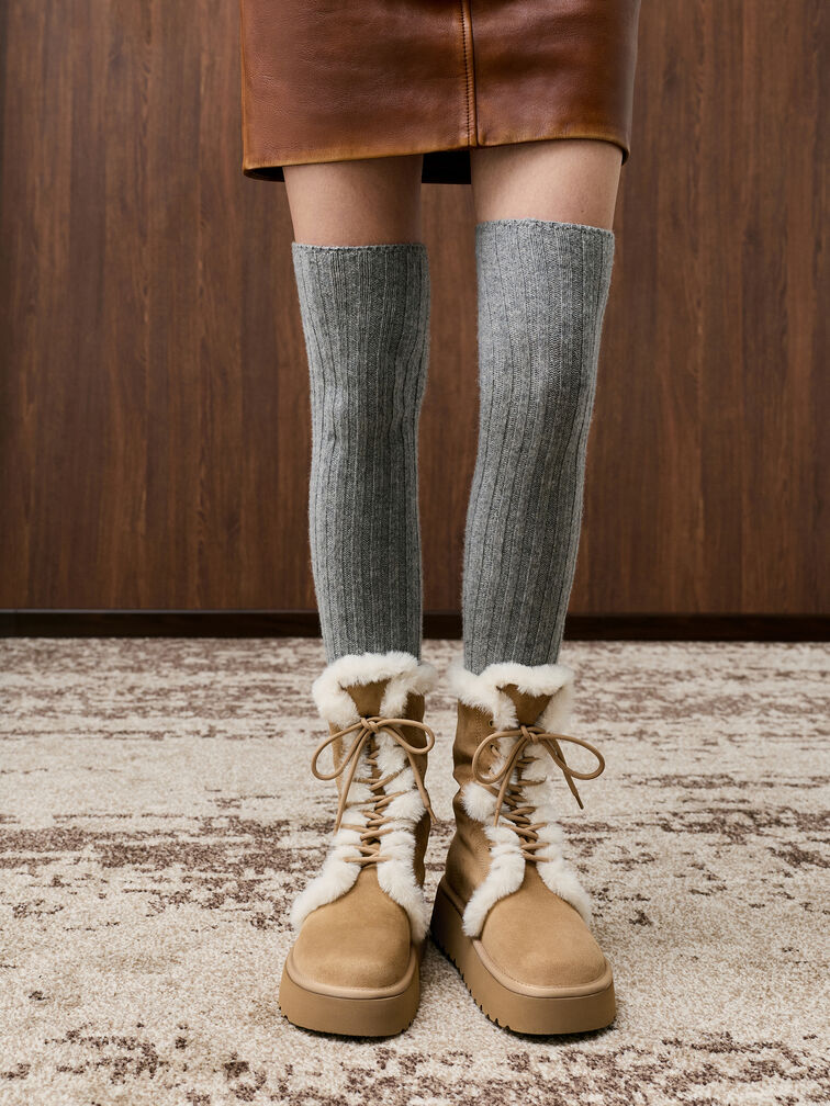 Faux Suede & Faux Fur Foldover Flatform Boots, Sand, hi-res