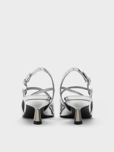 Pauline Metallic Crossover Slingback Kitten Heels, Silver, hi-res