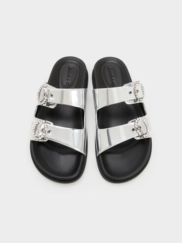 Metallic Embellished Buckle Sandals, Silver, hi-res