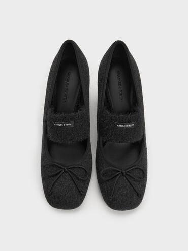 Winona Felt Bow Furry-Strap Mary Jane Pumps, Black Textured, hi-res
