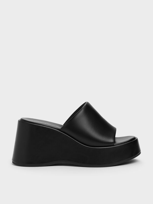 Wide-Strap Platform Wedges, Black, hi-res