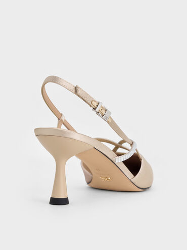 Recycled Polyester Crystal-Embellished Slingback Pumps, Champagne, hi-res