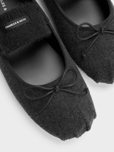Winona Felt Bow Furry-Strap Mary Jane Flats, Black Textured, hi-res