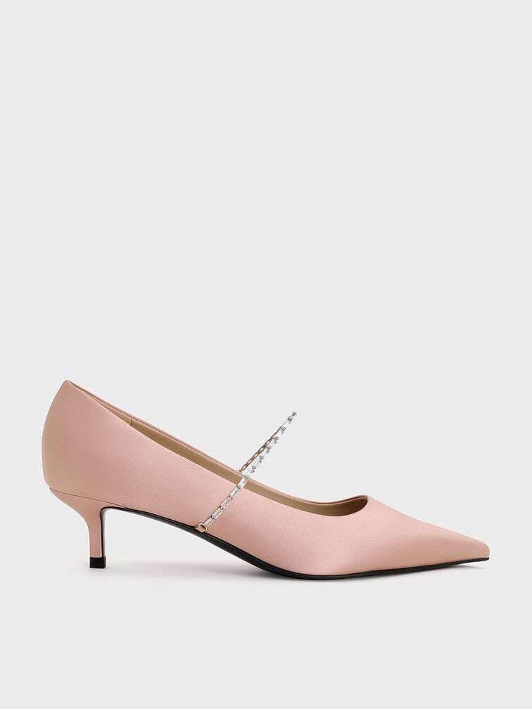 Satin Embellished-Strap Pointed-Toe Pumps, Nude, hi-res