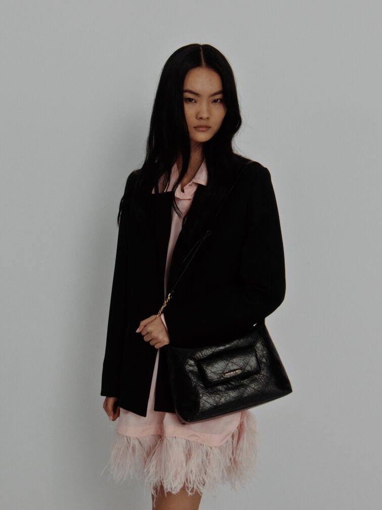 Duo Quilted Front-Pocket Hobo Bag, Black, hi-res