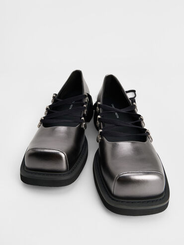 Metallic Heart-Embellished Lace-Up Ballet Flats, Pewter, hi-res