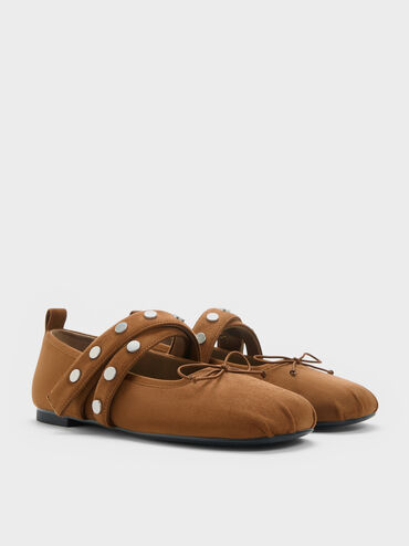 Gael Faux Suede Studded Crossover-Strap Bow Mary Janes, Brown, hi-res