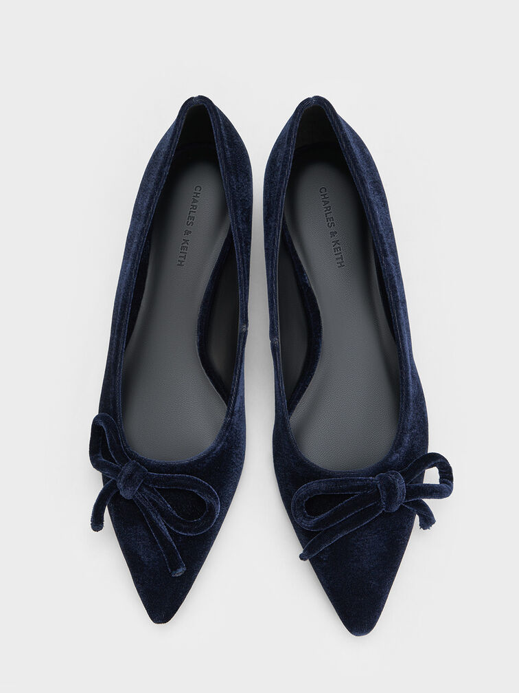 Velvet Bow Pointed-Toe Kitten-Heel Pumps, Dark Blue, hi-res