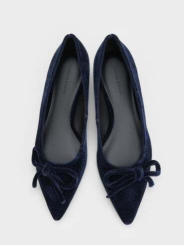 Velvet Bow Pointed-Toe Kitten-Heel Pumps, Dark Blue, hi-res