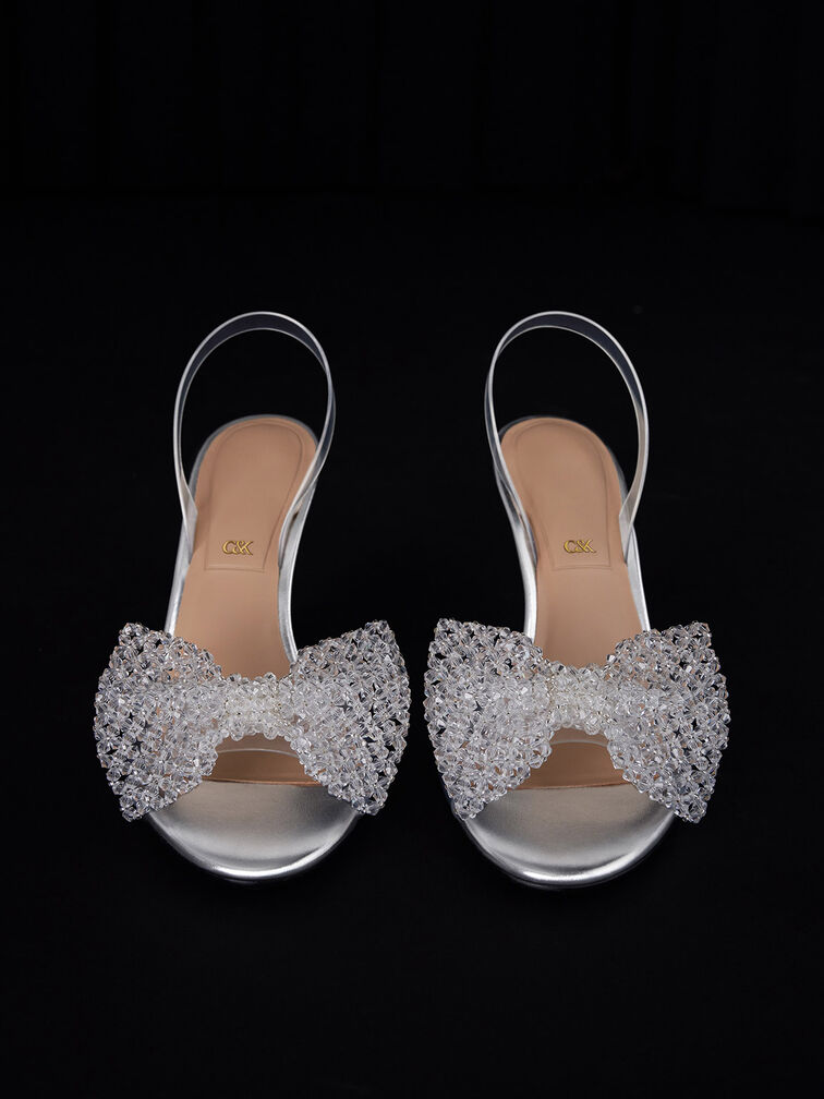 See-Through Beaded Bow Slingback Pumps, Clear, hi-res