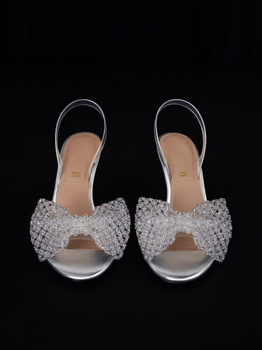 See-Through Beaded Bow Slingback Pumps, Clear, hi-res