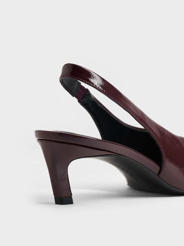 Patent Tapered Square-Toe Slingback Kitten Heels, Burgundy, hi-res