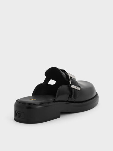 Leather Buckled Mules, Black, hi-res