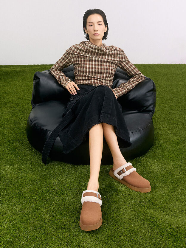 Hannah Textured Fur-Trim Buckled Mules, Brown, hi-res