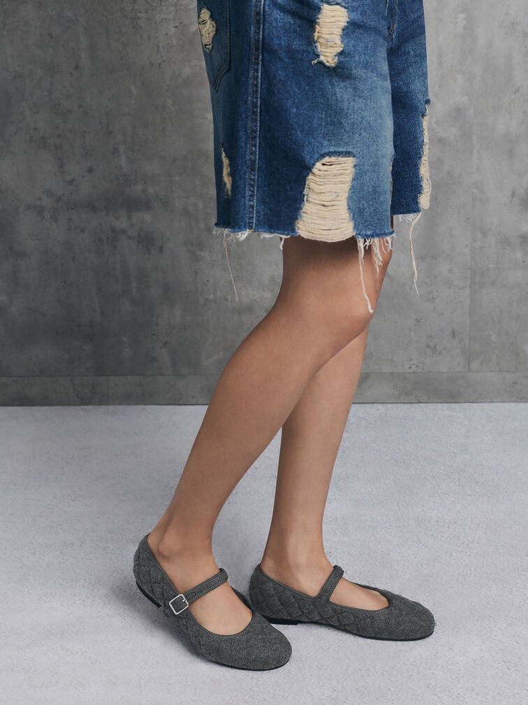 Carmel Felt Quilted Buckled Mary Jane Flats, Grey, hi-res