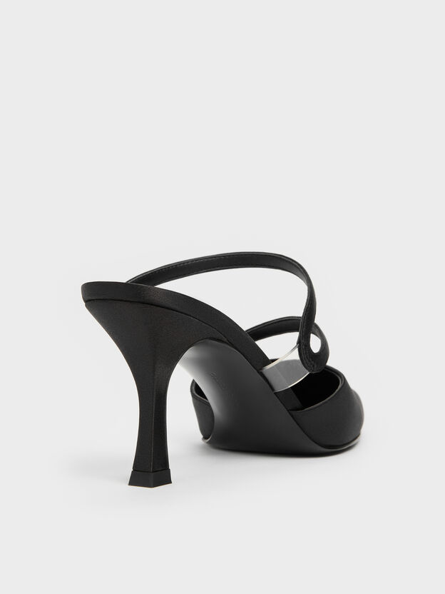 Arden Satin Pointed Wavy Heeled Mules, Black Textured, hi-res