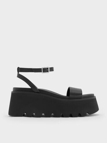 Ridged-Sole Ankle-Strap Flatform Sandals, Black, hi-res