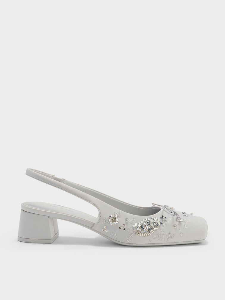 Sadira Satin Embroidered Sequinned Slingback Pumps, Grey, hi-res