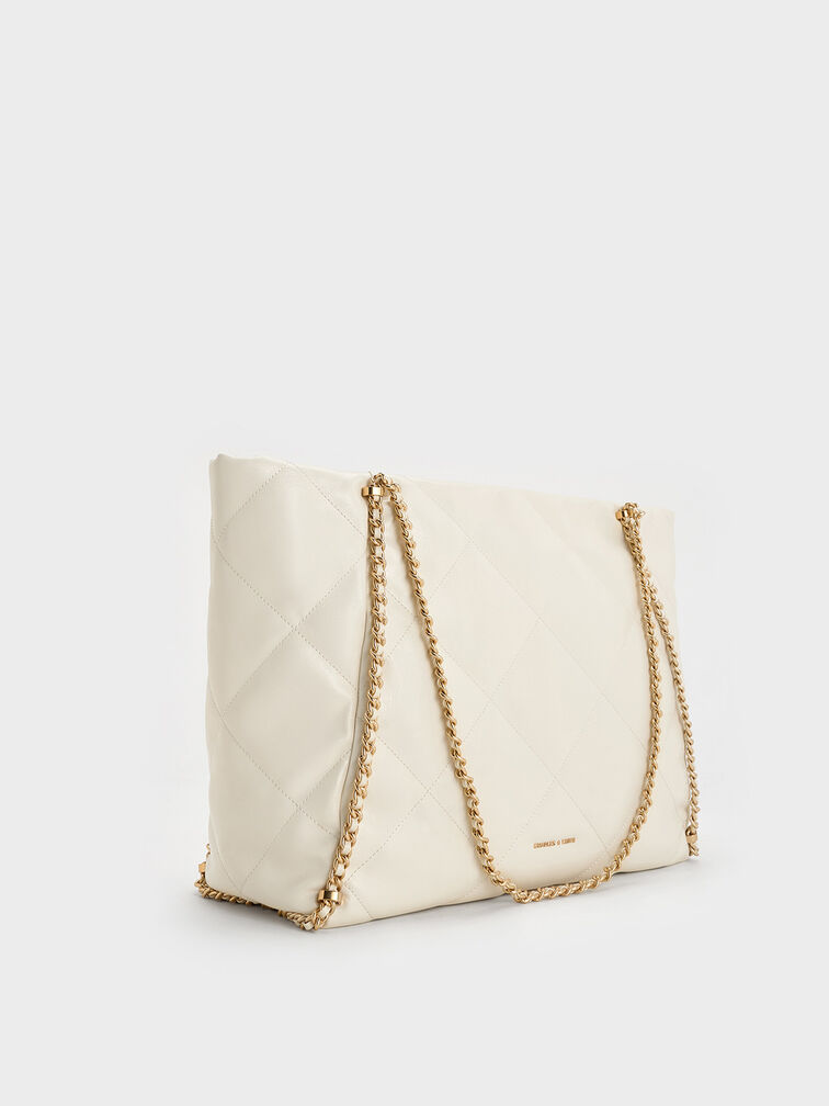 Apfra Quilted Chain-Embellished Tote Bag, Cream, hi-res