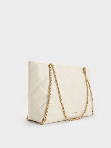Apfra Quilted Chain-Embellished Tote Bag, Cream, hi-res