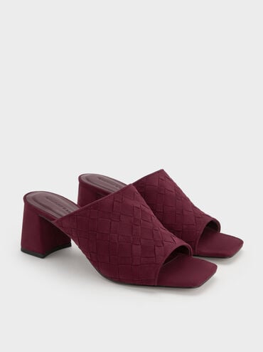 Ivette Faux Suede Woven Square-Toe Heeled Mules, Burgundy, hi-res