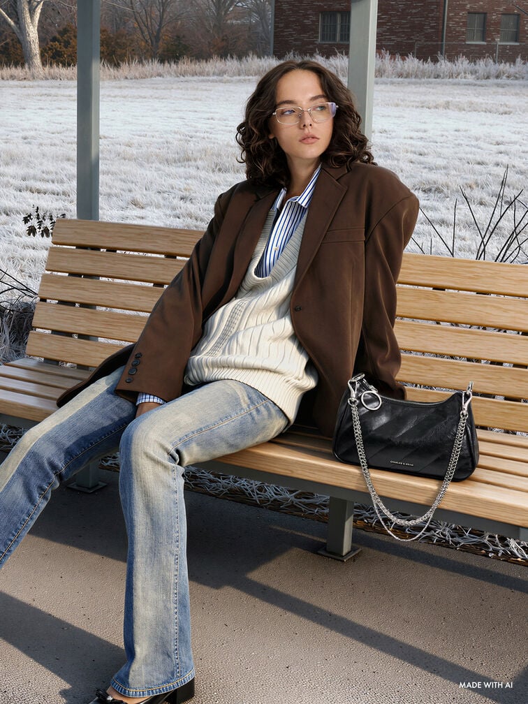 Philomena Crinkle-Effect Chain-Strap Crossbody Bag, Noir, hi-res