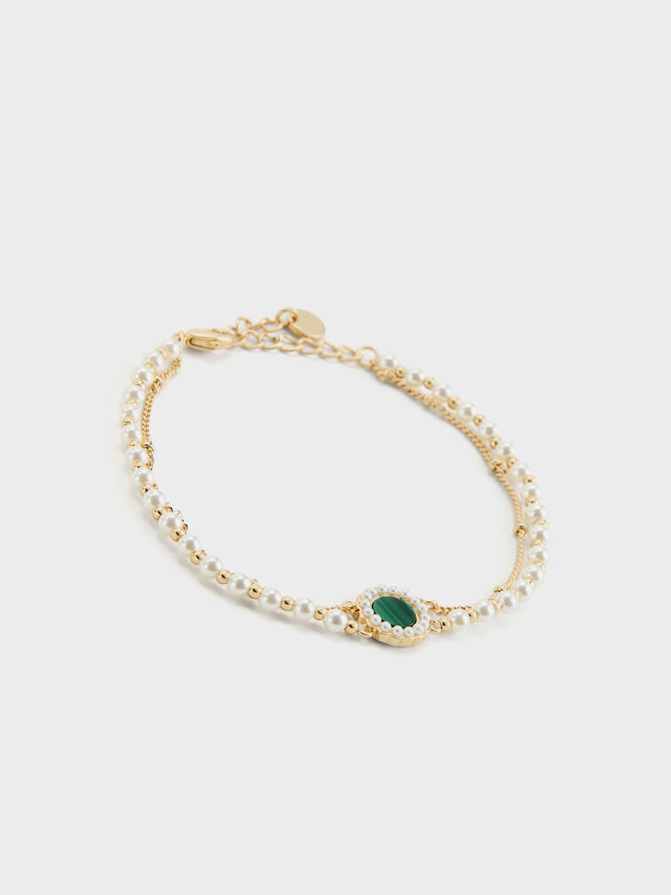 Pearl & Gemstone Double-Chain Bracelet, Green, hi-res