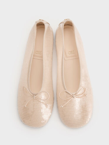 Sequin Mesh & Leather Bow Ballet Flats, Nude, hi-res