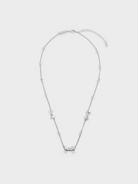 Paige Bow Crystal Necklace, Pink, hi-res